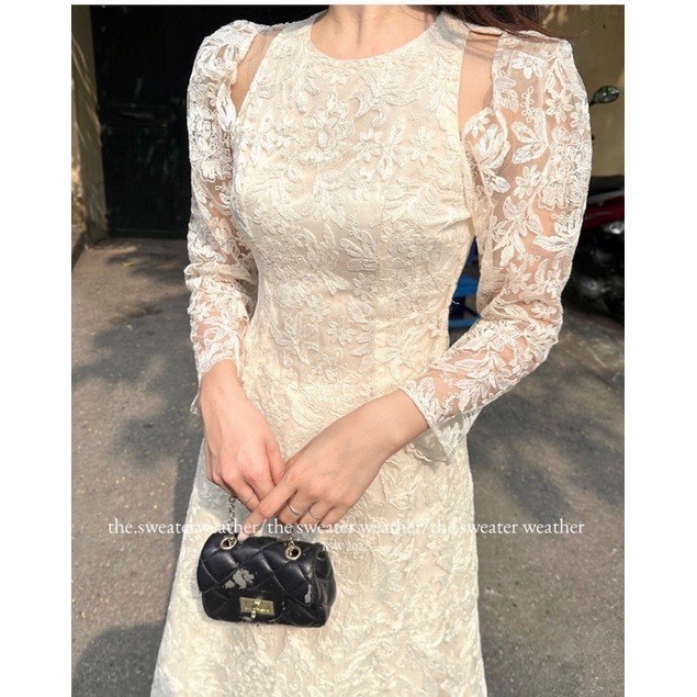 Áo dài cách tân nữ ren hoa tay bồng xẻ vai cách điệu - Retrostyle.vn - Aodairen589_P7K5