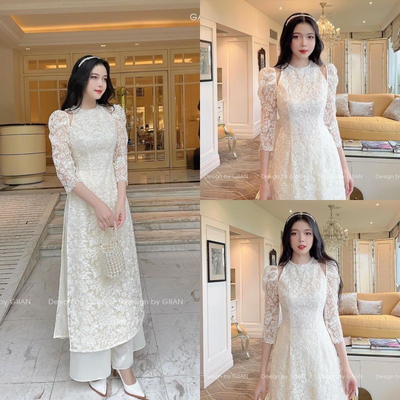 Áo dài cách tân nữ ren hoa tay bồng xẻ vai cách điệu - Retrostyle.vn - Aodairen589_P7K5