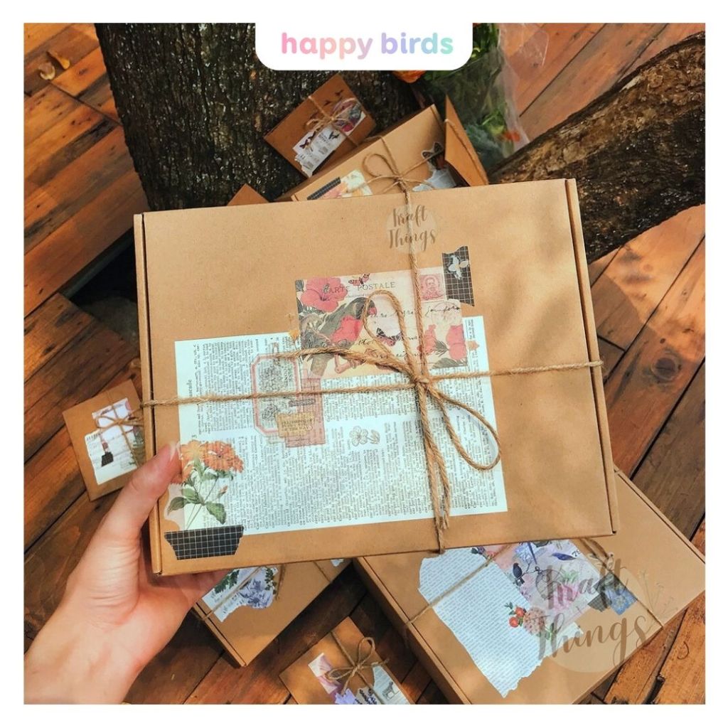 Hộp đựng quà carton nắp gài giấy kraft trơn đựng quà sinh nhật quà giáng sinh hộp quà tặng trơn vintage Happy Birds