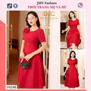 V4246 Váy đầm đỏ xòe dài hoa nổi bản to [Dolce Viva Colection (DVC)] đầm đỏ nữ ngắn tay công sở