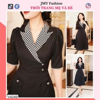 V4249 Váy đen cổ vest kẻ dáng A xòe tay lỡ [Dolce Viva Colection (DVC)] váy đầm đen cổ vest công sở