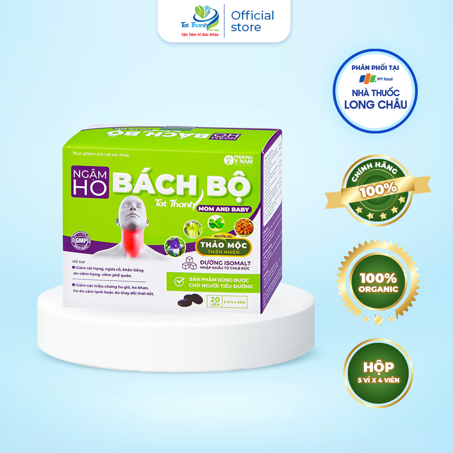 Viên ngậm ho Bách Bộ Mom & Baby Tất Thành Pharma giảm rát họng, khản tiếng (hộp 26 vỉ)