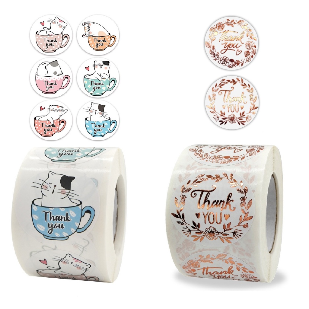 Cuộn 500 nhãn dãn cảm ơn, sticker thank you, tem tròn thank you, tem cảm ơn họa tiết hoa