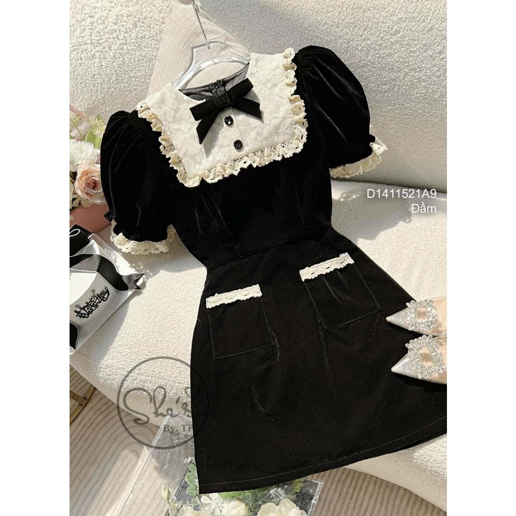 Đầm kiểu nhung đen ngực đính khuy bọc chạy viền mí tay dài!