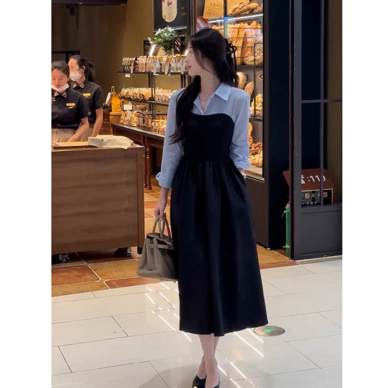 Váy đầm đen liền cổ sơ mi phối tay xanh cúp ngực phong cách Hàn Quốc V14113