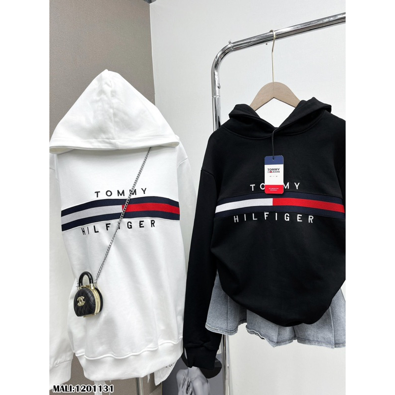Hoodie nam nữ Tommy Hilfiger in vạch sọc đen trắng đỏ chữ kí quanh áo. Hoodie Unisex Form Unisex Siêu Hot 2023