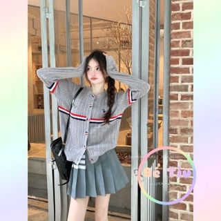 Áo Khoác Len Cardigan Kẻ Sọc Ngang Nữ Cổ Tròn Cài Khuy Tay Dài Thom Brown  Thêu Con Chó Thời Trang Mùa Thu | Bé Clothing
