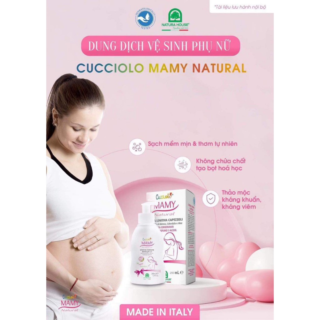 Dung dịch vệ sinh phụ nữ Cucciolo Mamy Natural Lenitive Feminine Wash pH 5.5 - 200ml cho mẹ bầu, sau sinh