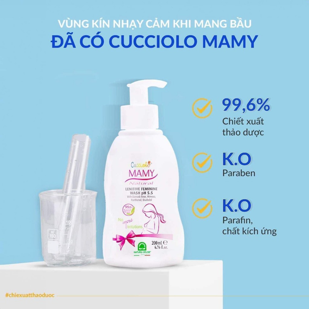 Dung dịch vệ sinh phụ nữ Cucciolo Mamy Natural Lenitive Feminine Wash pH 5.5 - 200ml cho mẹ bầu, sau sinh