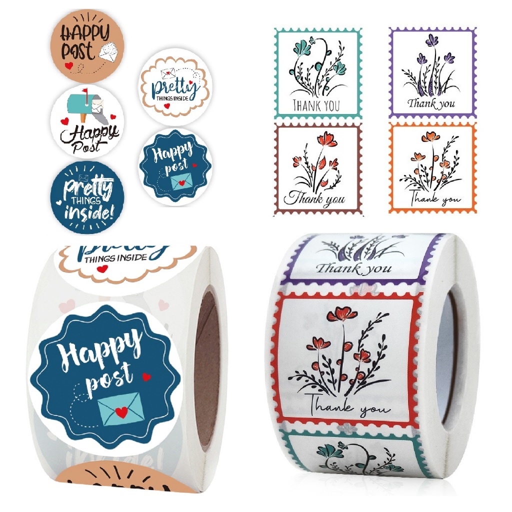 Cuộn 500 nhãn dãn cảm ơn, sticker thank you, tem tròn thank you, tem cảm ơn họa tiết hoa