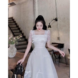 Đầm váy nữ cổ U tay bồng đính nơ 2 màu xinh xắn , tiểu thư thích hợp dự tiệc