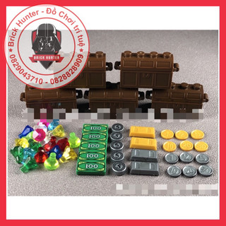 Phụ kiện Moc minifigures : mô hình hòm kho báu , rương đựng đồ , đá ngũ sắc , tiền 100 xanh , đồng xu