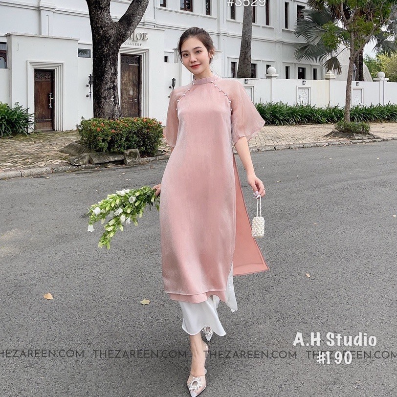 Set áo dài voan tơ trơn cộc tay kèm quần - Retrostyle.vn - AodaivoanAD20_P6K2