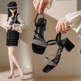 Giày sandal nữ cao gót vuông 5p quai full đá dây xoàn chéo chân - SD202