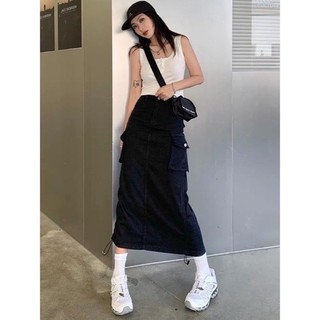  Chân váy nữ KAKI dáng dài có túi hộp dây rút Avocado Chân váy nữ dài phong cách vintage 