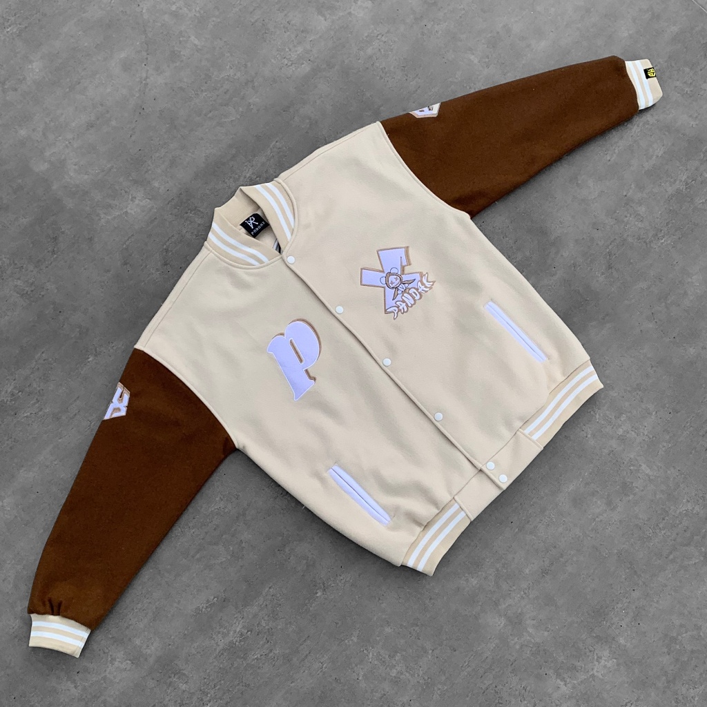 Áo bomber nam nữ khoác varsity local brand form rộng bóng chày cặp đôi unisex oversize dày dặn Pandax Polime Cream