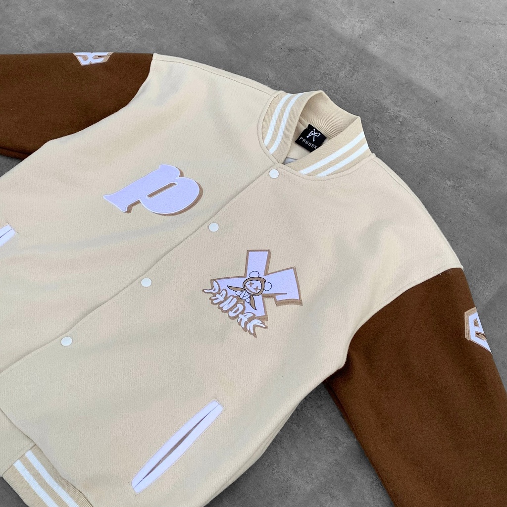 Áo bomber nam nữ khoác varsity local brand form rộng bóng chày cặp đôi unisex oversize dày dặn Pandax Polime Cream