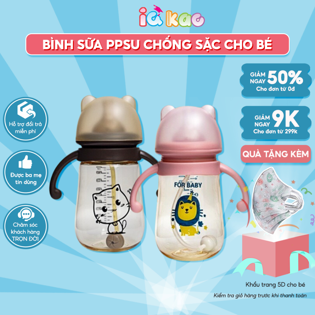 Bình sữa chống sặc cho bé IQ Kao Nhựa PPSU An toàn tuyệt đối 300ml cho trẻ uống sữa, nước