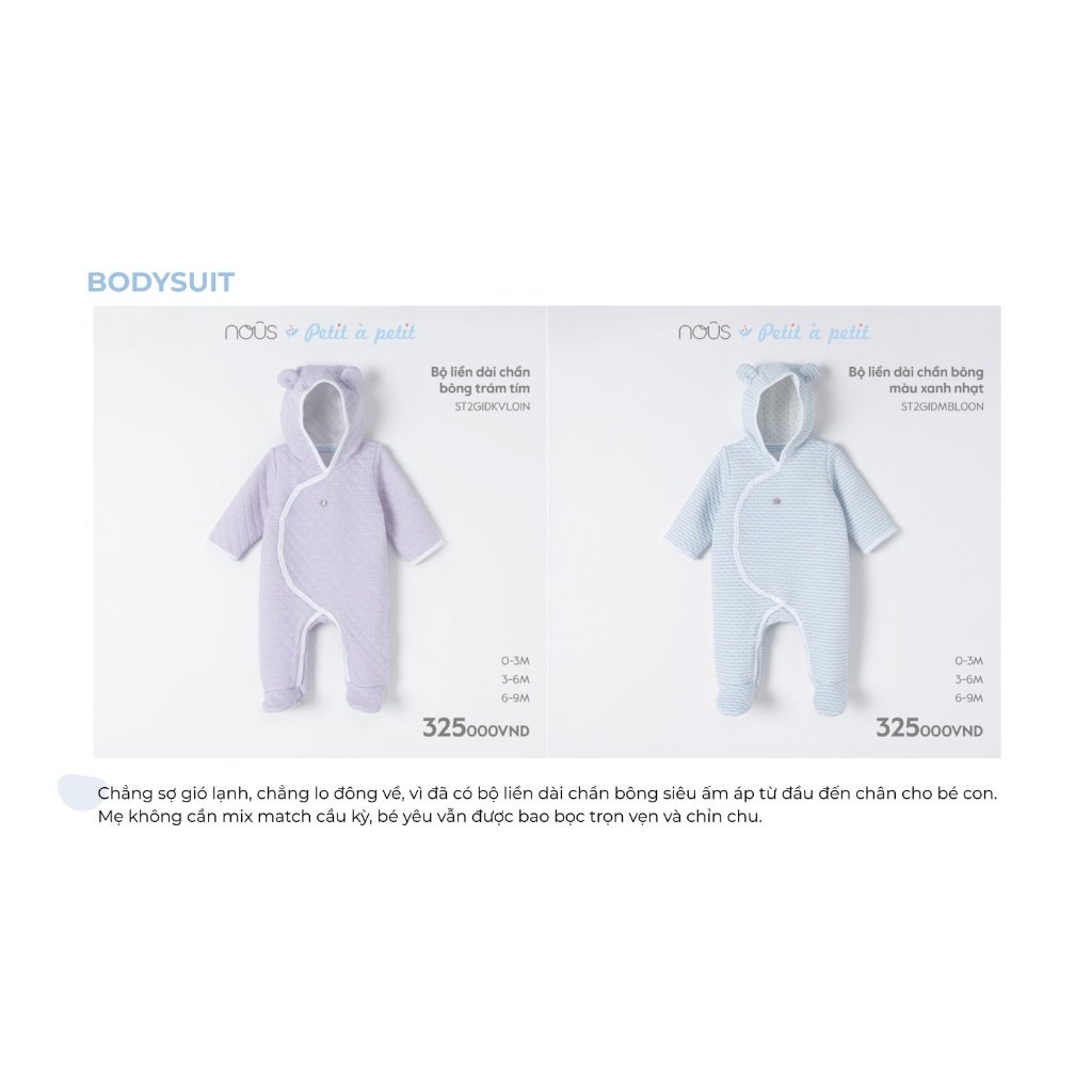 Bộ quần áo liền thân Nous bodysuit chần bông có mũ cho bé các màu sắc dễ thương từ 0-3 tháng đến 6-9 tháng