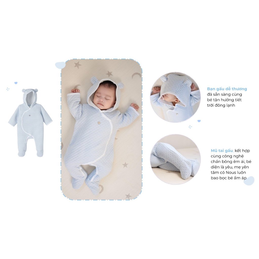 Bộ quần áo liền thân Nous bodysuit chần bông có mũ cho bé các màu sắc dễ thương từ 0-3 tháng đến 6-9 tháng