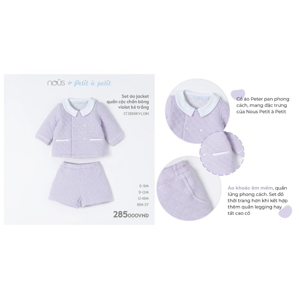 Bộ quần áo Nous chần bông màu tím dành cho bé gái từ 6-9 tháng đến 18-24 tháng