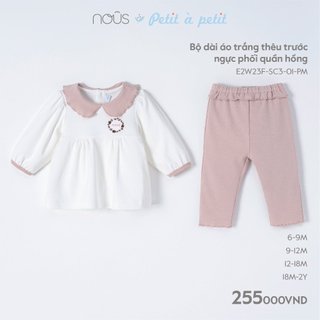 Bộ quần áo dài Nous trắng thêu họa tiết trước ngực phối màu cho bé từ 6-9 tháng đến 18-24 tháng