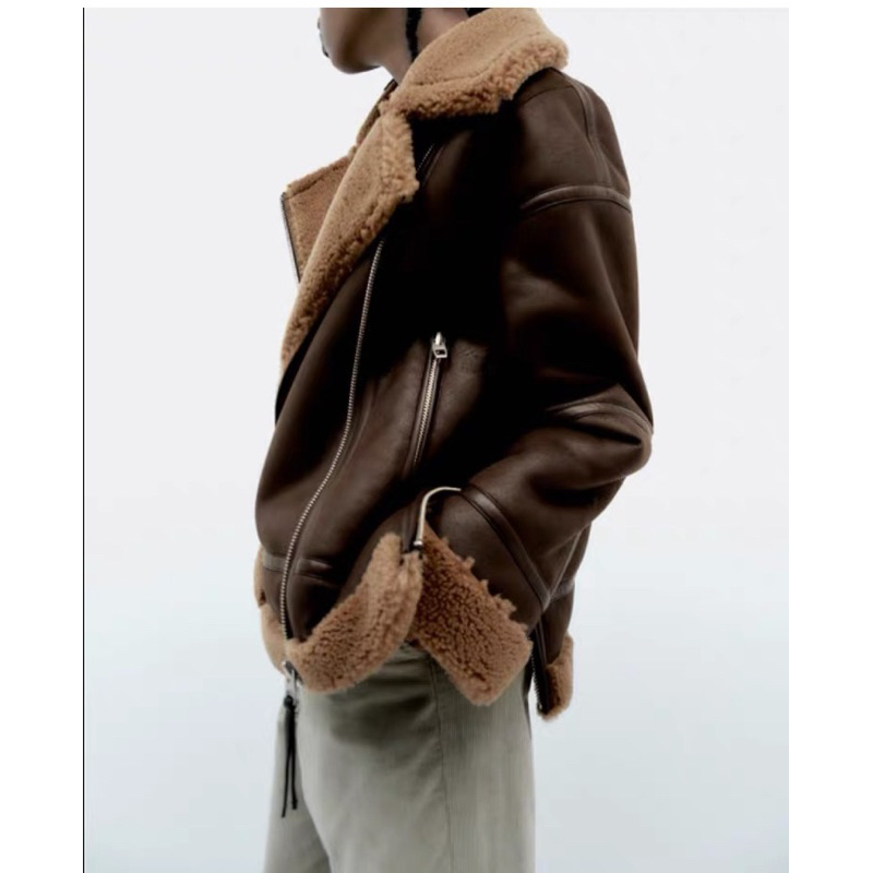 ÁO KHOÁC DA LÓT LÔNG MÀU NÂU DÁNG DÀI ZARA XUẤT DƯ