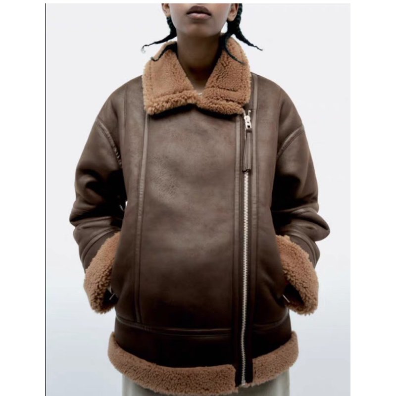 ÁO KHOÁC DA LÓT LÔNG MÀU NÂU DÁNG DÀI ZARA XUẤT DƯ