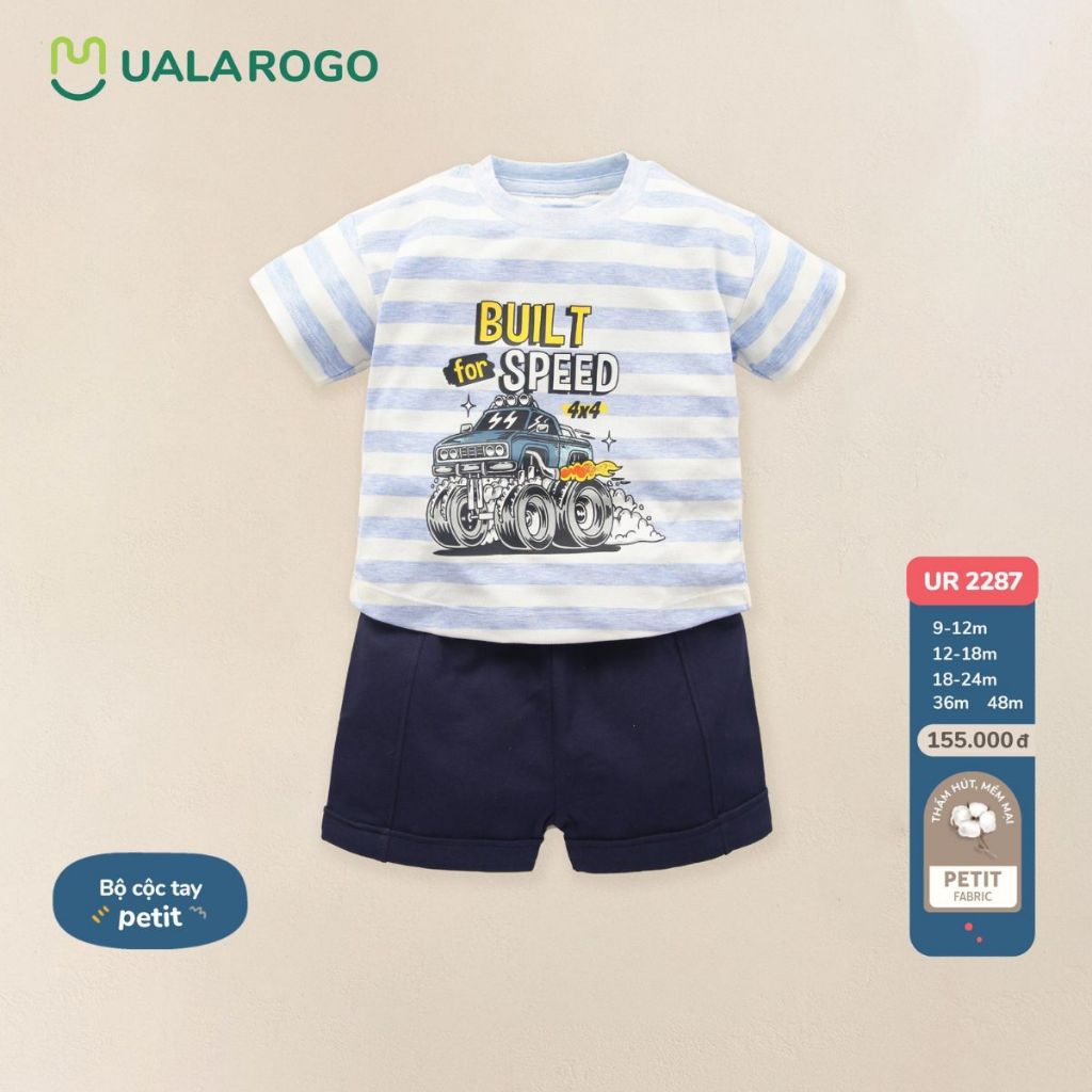 Bộ cộc tay cho bé Ualarogo 9 tháng - 4 tuổi vải Petit thấm hút thoáng mát co giãn mềm mại 2287