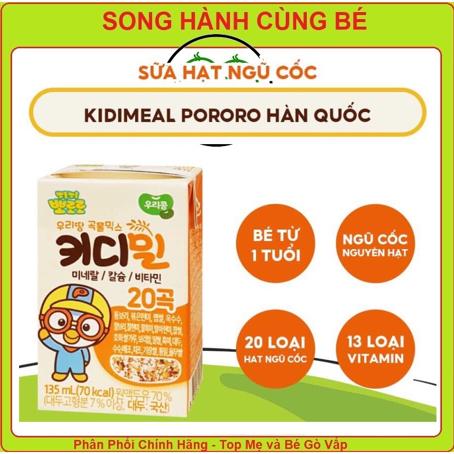Sữa hạt ngũ cốc Kidimeal Pororo nội địa Hàn,thích hợp cho bé dị ứng đạm bò từ 1 tuổi 135ML