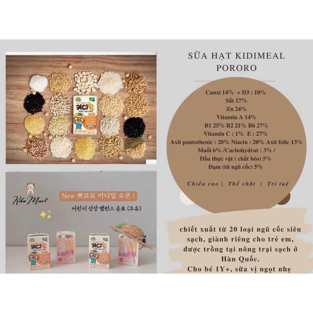 Sữa hạt ngũ cốc Kidimeal Pororo nội địa Hàn,thích hợp cho bé dị ứng đạm bò từ 1 tuổi 135ML
