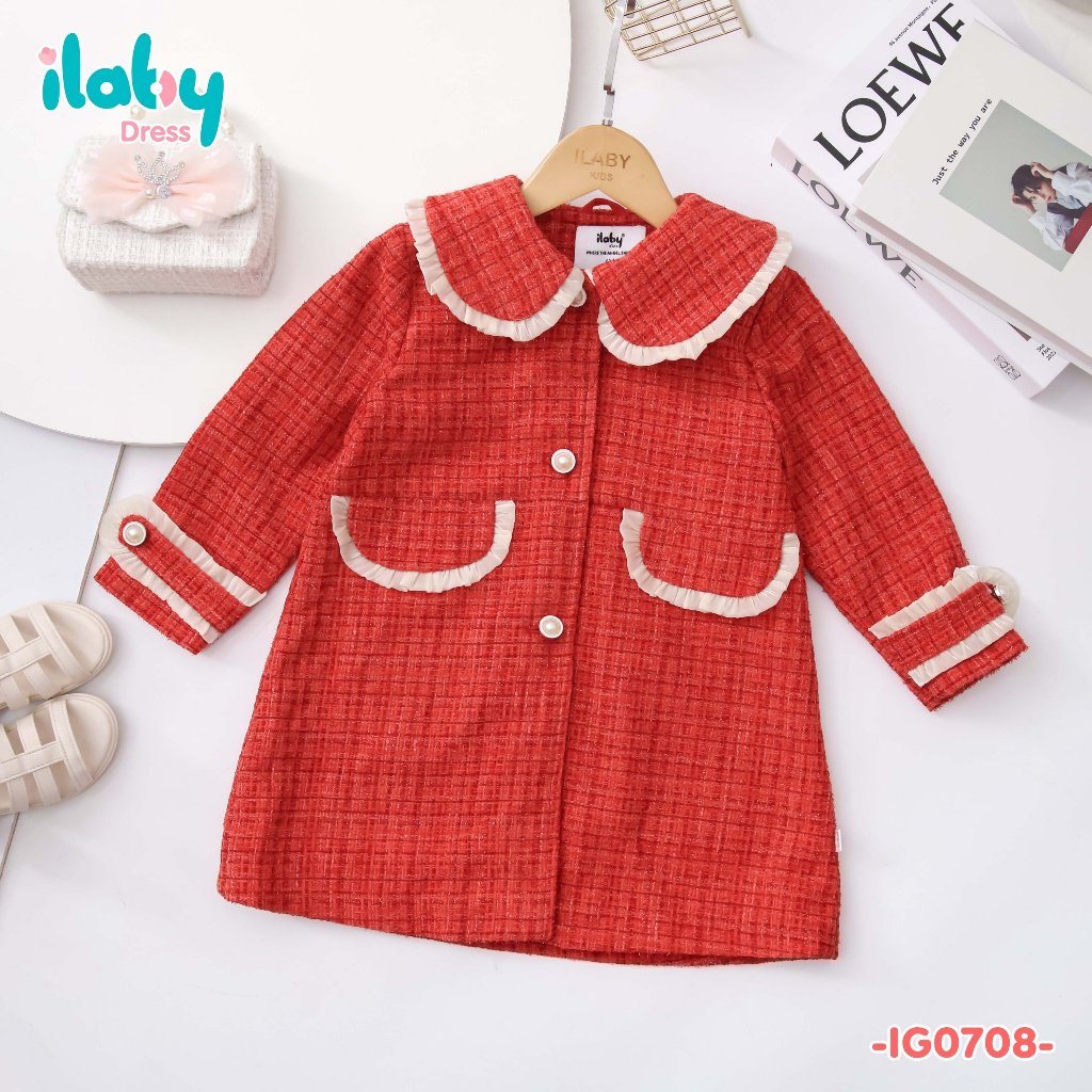 Áo khoác dạ cho bé gái ILABY phối bèo tơ chất dạ tweed kèm lớp lụa habuta bên trong màu đỏ cho bé 10-35kg