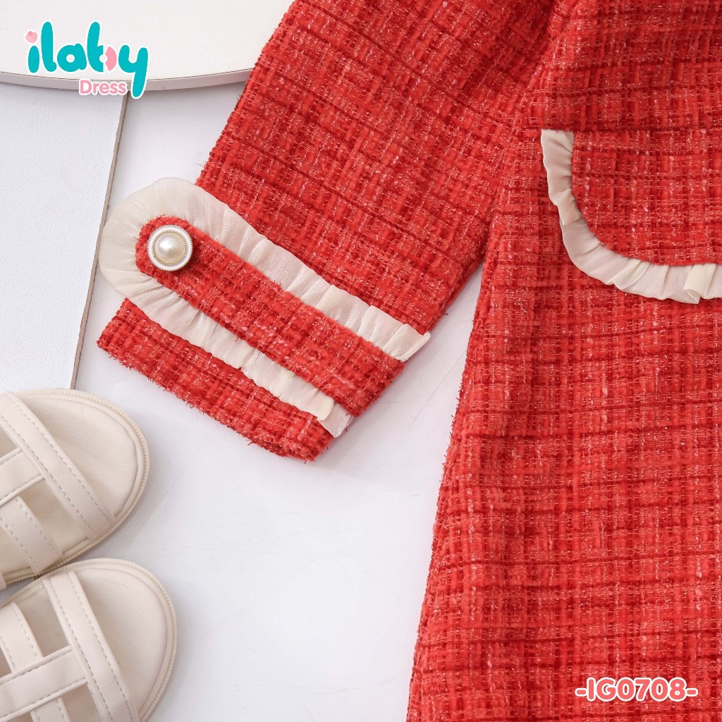 Áo khoác dạ cho bé gái ILABY phối bèo tơ chất dạ tweed kèm lớp lụa habuta bên trong màu đỏ cho bé 10-35kg
