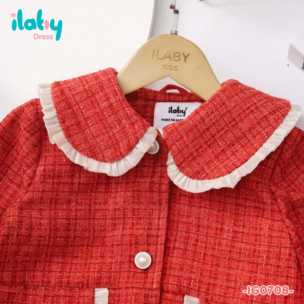 Áo khoác dạ cho bé gái ILABY phối bèo tơ chất dạ tweed kèm lớp lụa habuta bên trong màu đỏ cho bé 10-35kg