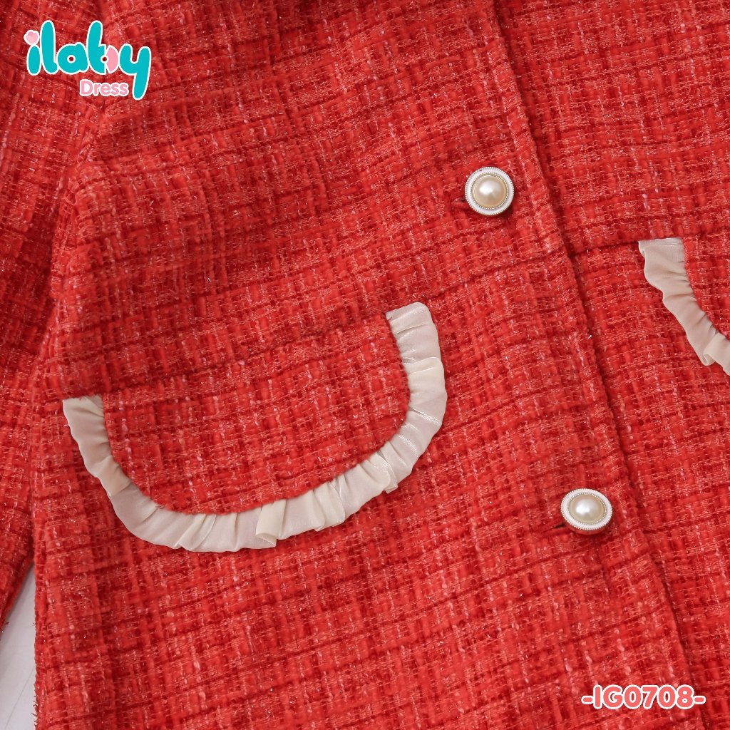 Áo khoác dạ cho bé gái ILABY phối bèo tơ chất dạ tweed kèm lớp lụa habuta bên trong màu đỏ cho bé 10-35kg