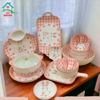 Bộ bát đĩa sứ Thỏ Caro Hồng-chén bát Decor-bộ bát ăn cơm dễ thương phủ men bóng màu hồng,chén dĩa sứ VuaDecor