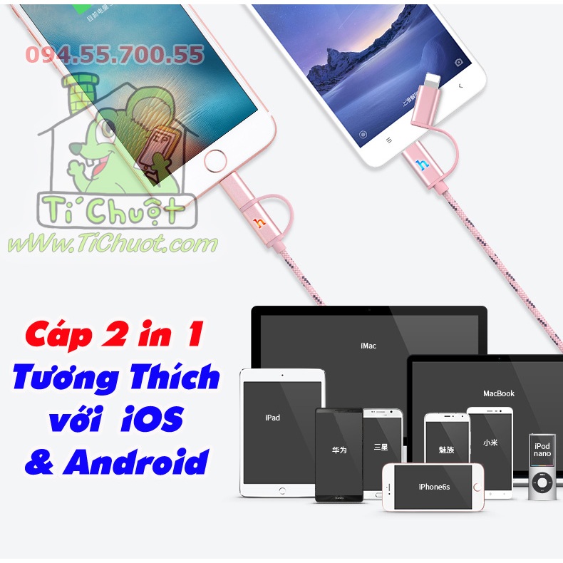 Cáp Sạc Nhanh 2in1 Đa Năng Li Ning & Micro USB UPL20 Chống Gãy Dây Dù Có LED Báo Sạc