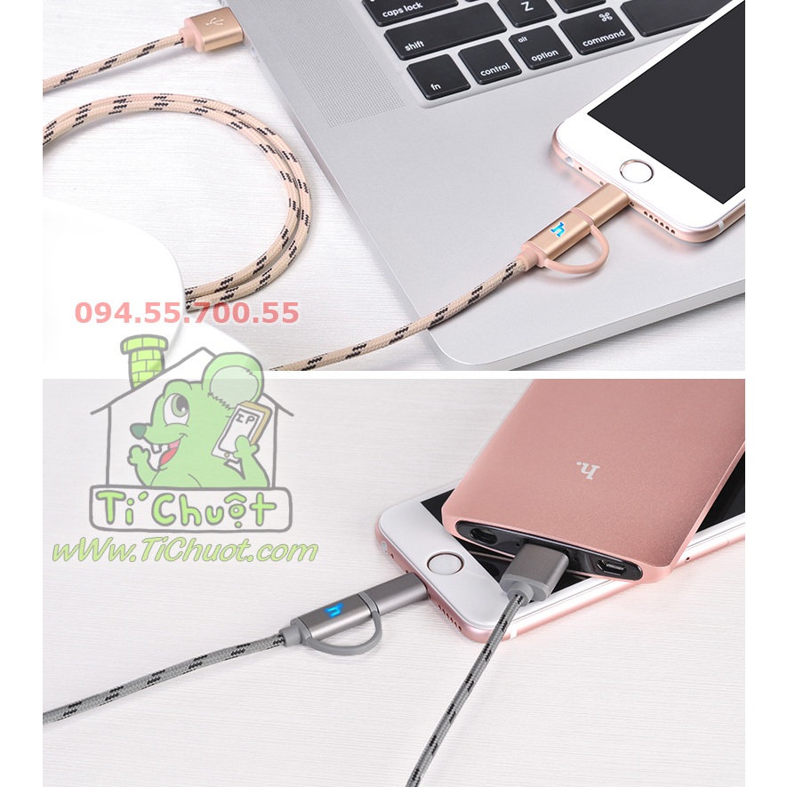 Cáp Sạc Nhanh 2in1 Đa Năng Li Ning & Micro USB UPL20 Chống Gãy Dây Dù Có LED Báo Sạc