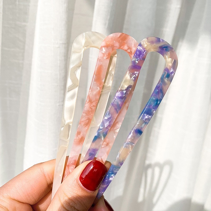 Trâm Cài Mini Chữ U Nhựa Acrylic Họa Tiết Vân Đá