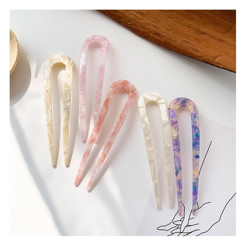 Trâm Cài Mini Chữ U Nhựa Acrylic Họa Tiết Vân Đá