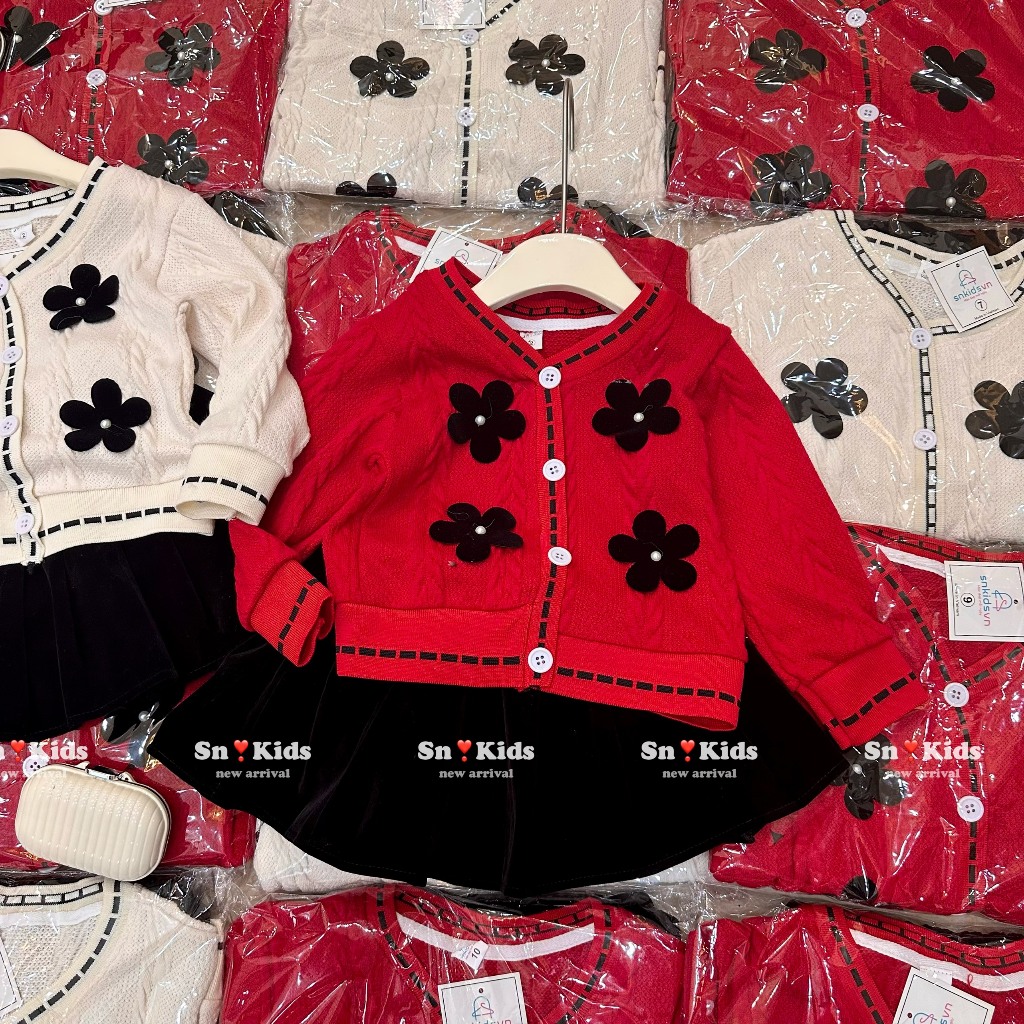 Set áo váy len thừng đính hoa đen bé gái