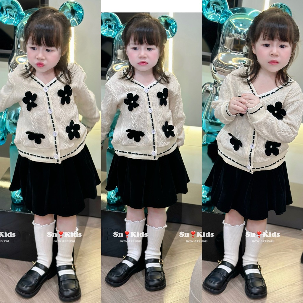 Set áo váy len thừng đính hoa đen bé gái