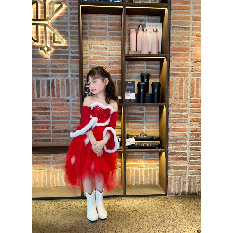 Váy đầm công chúa tay loe phối viền lông diện Tết và Noel cho bé gái 7-40kg