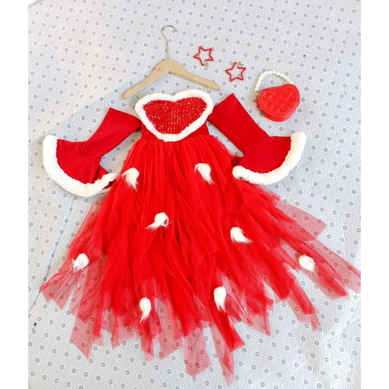 Váy đầm công chúa tay loe phối viền lông diện Tết và Noel cho bé gái 7-40kg