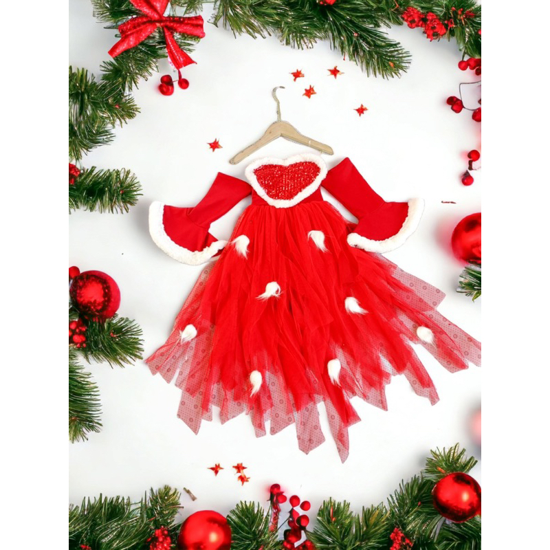 Váy đầm công chúa tay loe phối viền lông diện Tết và Noel cho bé gái 7-40kg