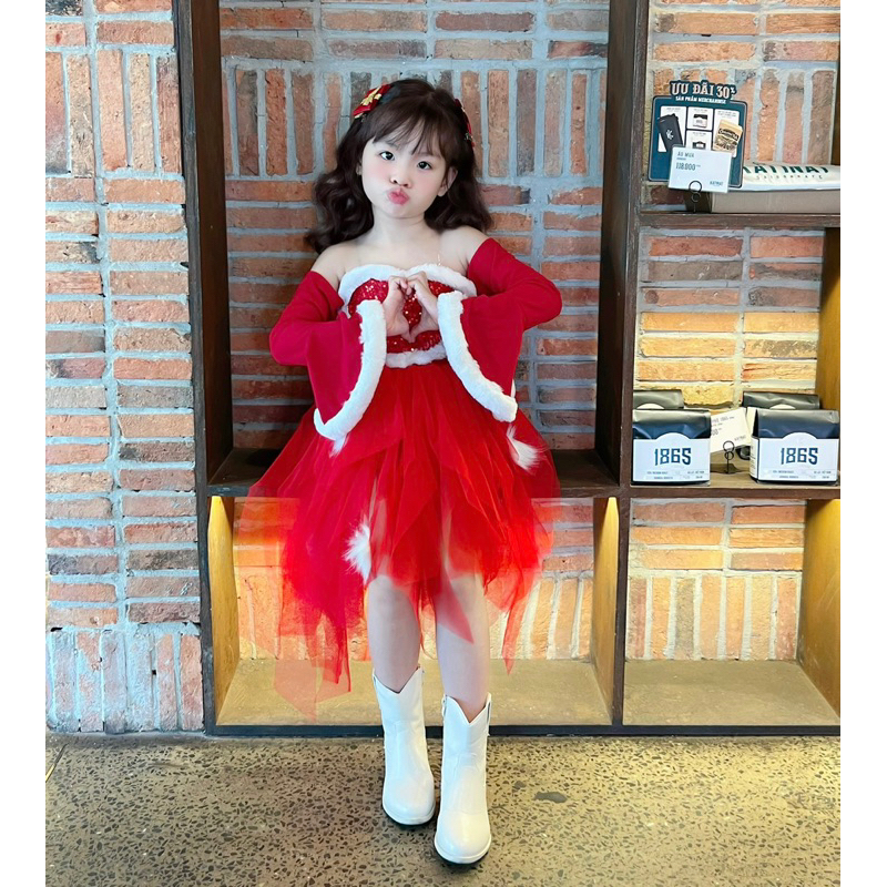 Váy đầm công chúa tay loe phối viền lông diện Tết và Noel cho bé gái 7-40kg