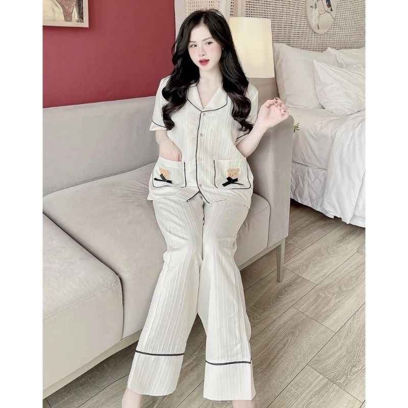 Bộ Pyjama xốp Gân túi 2 gấu Tay cộc Quần Dài chất xốp gân viền mí, bộ mặc ở nhà xinh xắn