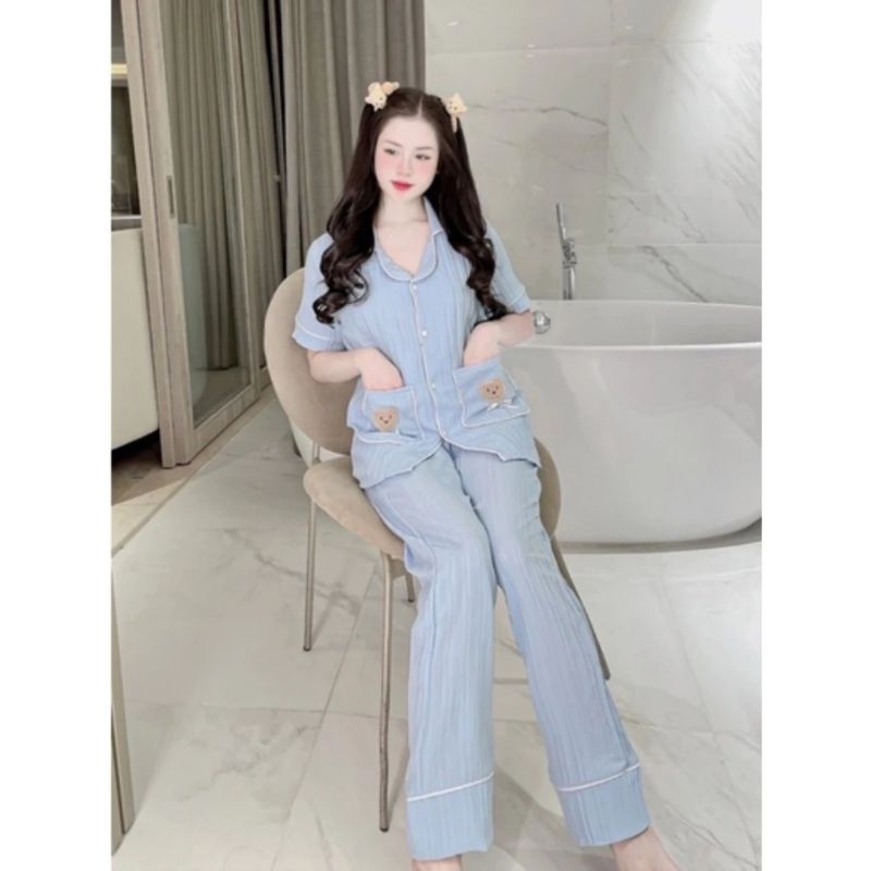 Bộ Pyjama xốp Gân túi 2 gấu Tay cộc Quần Dài chất xốp gân viền mí, bộ mặc ở nhà xinh xắn