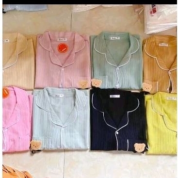 Bộ Pyjama xốp Gân túi 2 gấu Tay cộc Quần Dài chất xốp gân viền mí, bộ mặc ở nhà xinh xắn