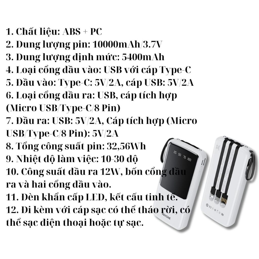 Sạc dự phòng WEKOME TV-97 dung lượng 10.000mAh màn hình hiển thị LED, có đèn pin, hàng cao cấp đặt riêng độc quyền